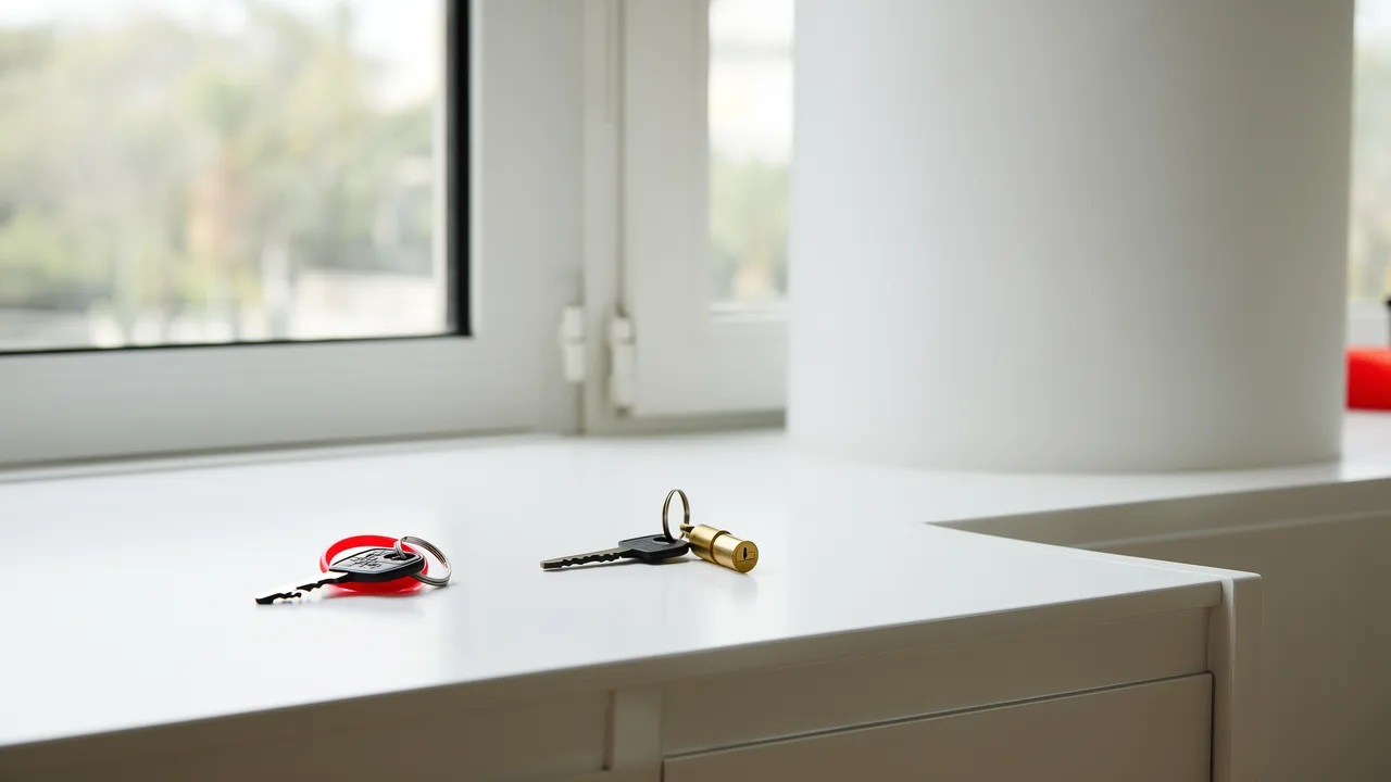 Zwei unterschiedlich geformte Schlüssel liegen auf einem weißen Tisch, einer an einem roten Ring, der andere an einem Schließzylinder aus Messing
