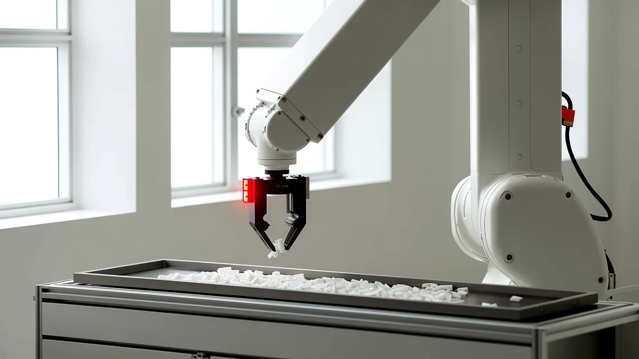 Roboterarm in einer hellen Werkstatt greift weiße Teile, rotes Signallicht