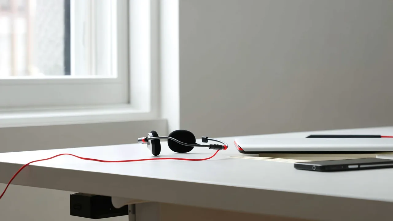 Headset mit rotem Kabel auf einem weißen Schreibtisch