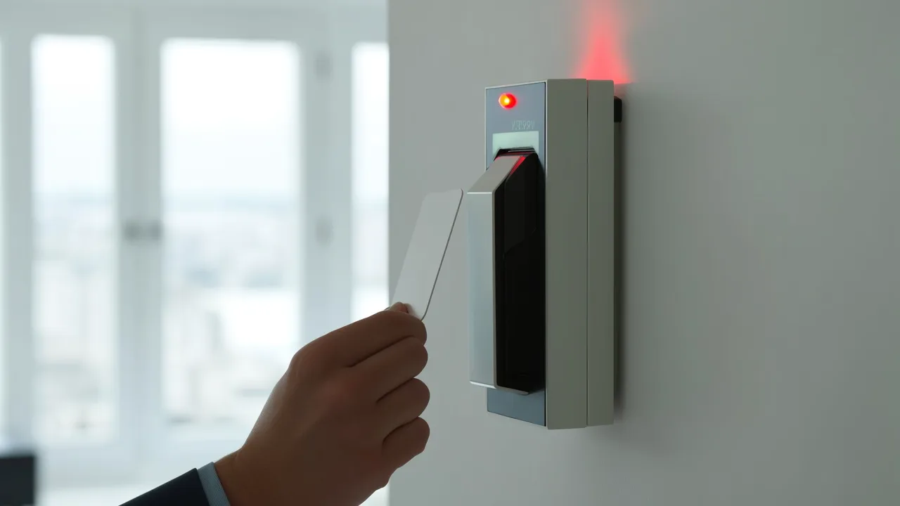 Hand hält eine weiße Zugangskarte vor ein Lesegerät mit rotem Licht