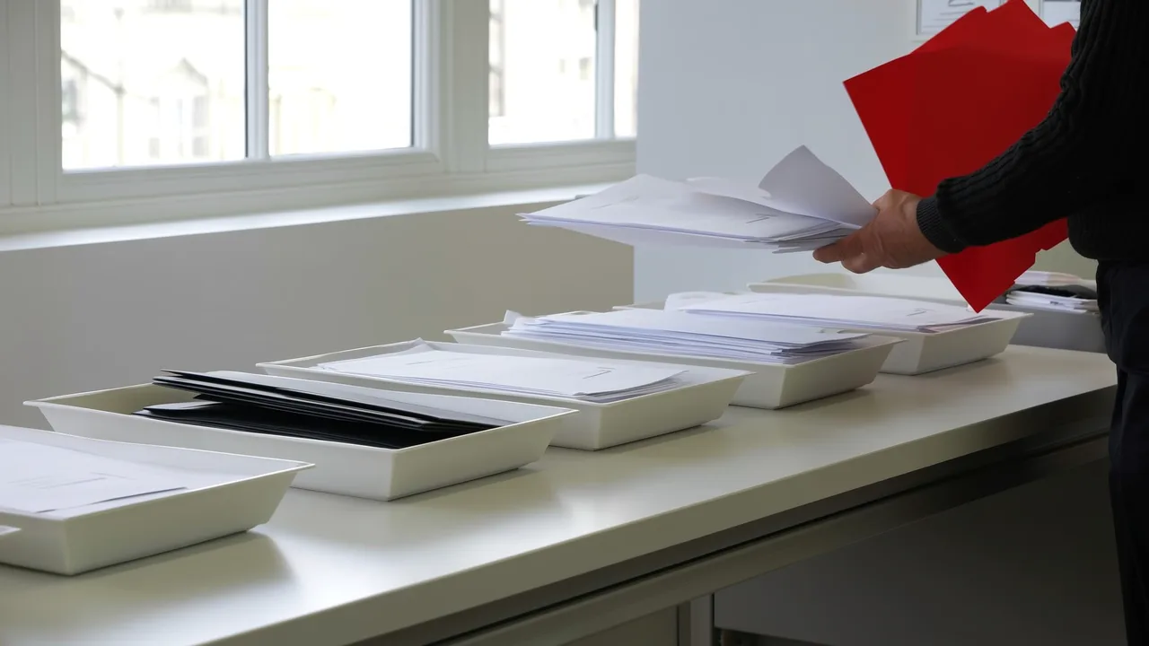 Hände sortieren Post in weiße Ablagen, eine rote Mappe fällt auf