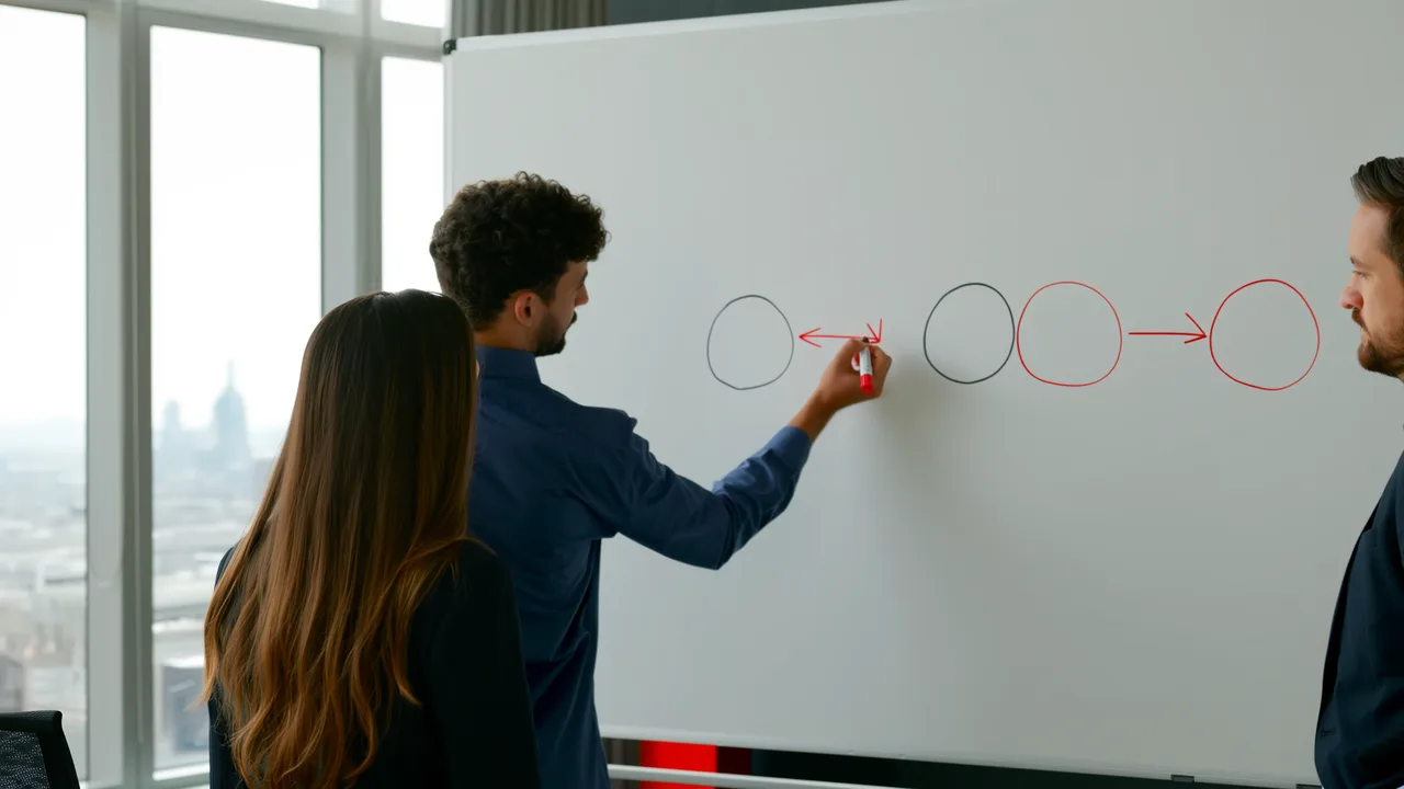 Zwei Personen zeichnen an einem Whiteboard einen Ablauf aus fünf Schritten