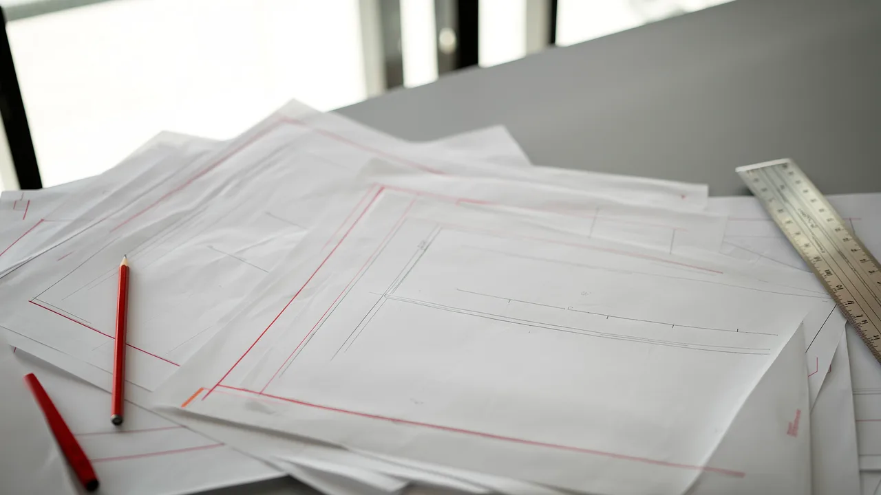 Handgezeichnete Schichtpläne auf Transparentpapier mit rotem Stift auf einem Schreibtisch