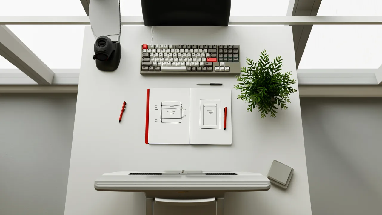 Schreibtisch von oben mit Tastatur, Notizbuch mit Skizzen und rotem Stift
