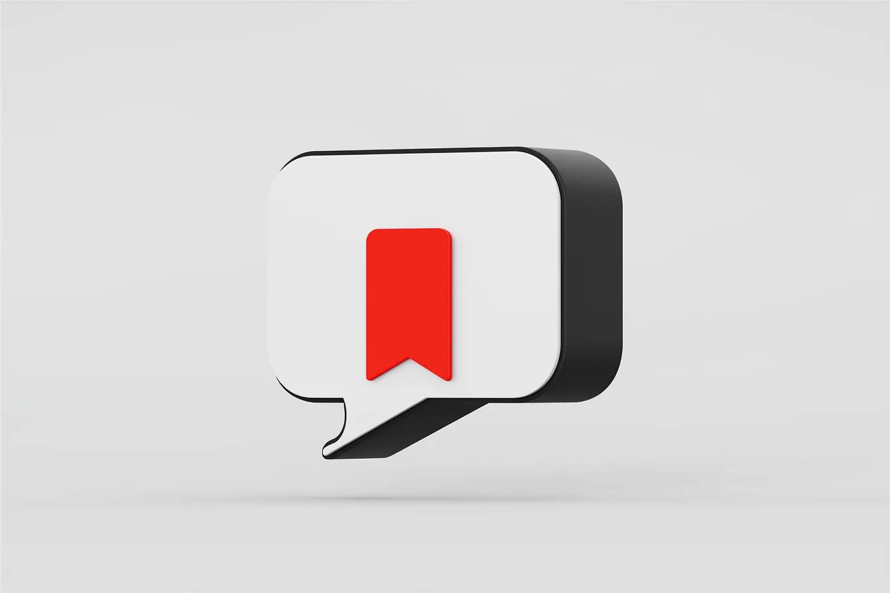 Sprechblase mit rotem Lesezeichen, Symbol für Wissen im Chat