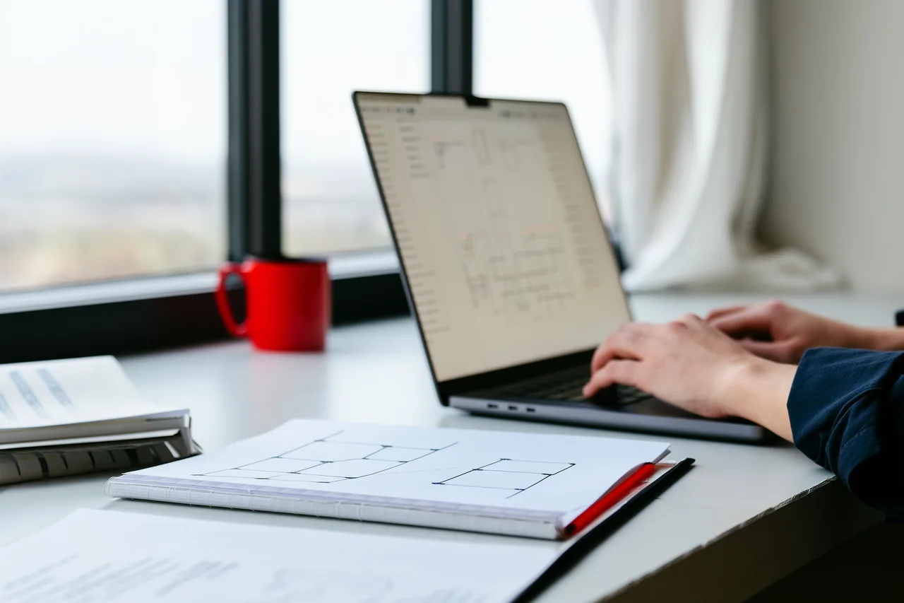 Hände an einem Laptop neben einem Notizbuch mit Architektur-Skizzen