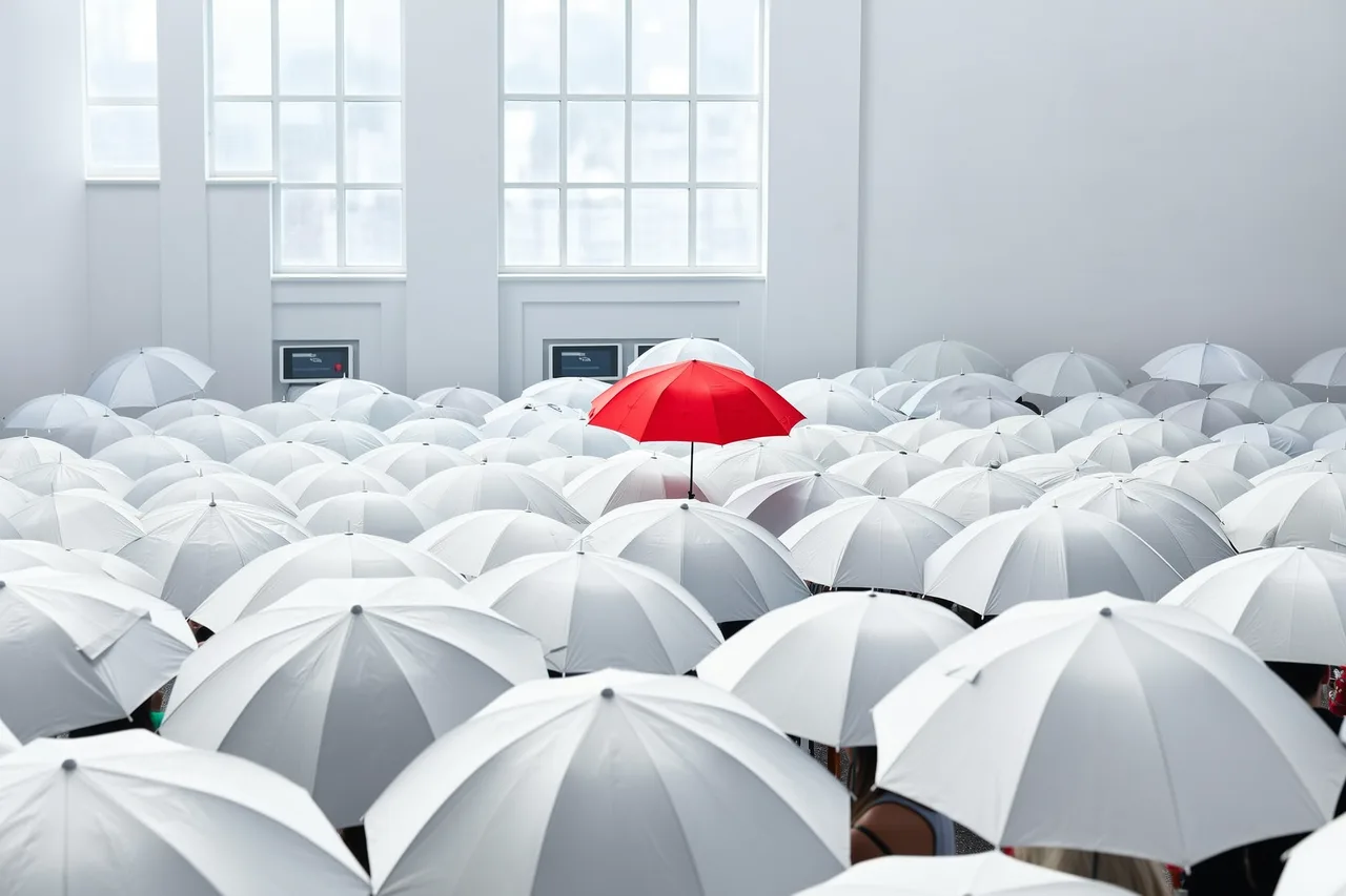 One red umbrella standing out among many white ones, symbol for visibility